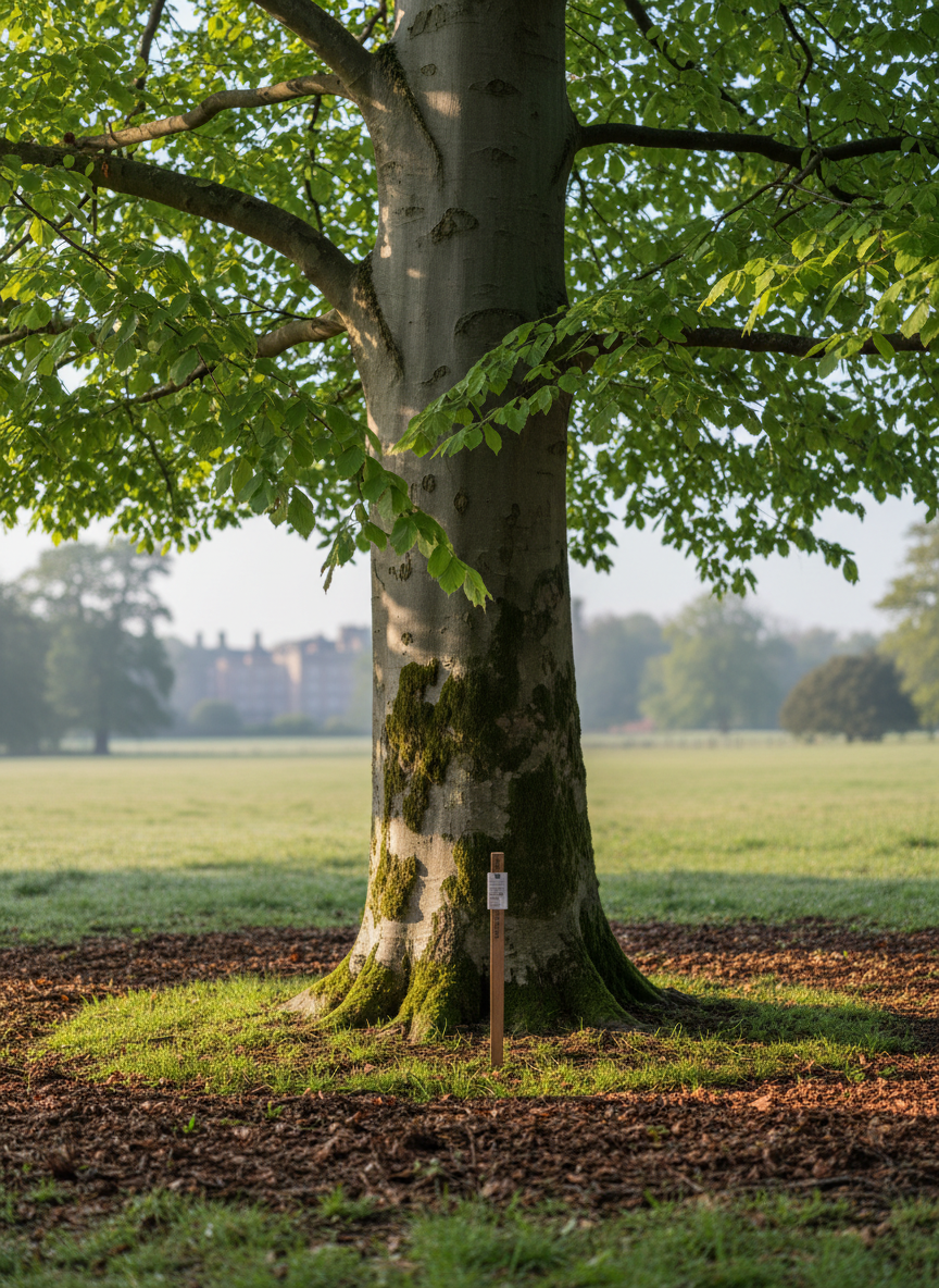 A high-resolution close-up of a healthy beech tree trunk and lower canopy in a UK parkland setting, showing smooth grey bark, delicate moss patches, and vibrant green leaves with clear venation. At the base, a subtle ring of leaf litter and short grass indicates recent inspection, with a discrete, unbranded marker stake hinting at an ongoing tree survey. Soft morning light filters through the foliage, creating gentle highlights on the bark and dappled patterns on the ground. Shot with a shallow depth of field so the trunk and marker are crisp while the wider park, distant tree line, and a faint suggestion of a country estate blur into the background. The atmosphere is precise, technical, yet serene, emphasising tree health evaluation.