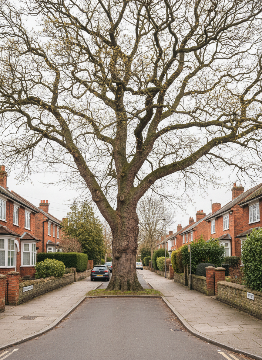 A mature English oak tree with a broad, spreading crown and intricately textured bark stands prominently in the centre of a well-kept suburban street in the UK. Around it are low stone walls, brick houses, and neatly trimmed hedges, suggesting a typical British neighbourhood. The image is captured in soft overcast daylight, creating even, diffused lighting that reveals fine details of twigs, buds, and bark fissures without harsh shadows. Photographic realism at eye level, with a slight wide-angle lens to include nearby buildings and pavements, reinforces the context of professional tree consultancy and urban tree management. The mood is calm, organised, and professional, suitable for a business homepage hero image.