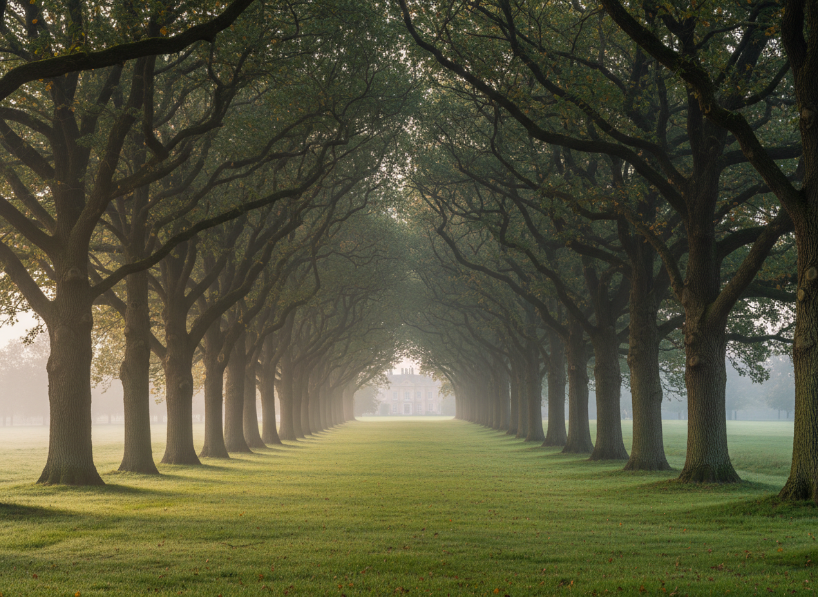 Avenue of mature trees on an English country estate in morning light