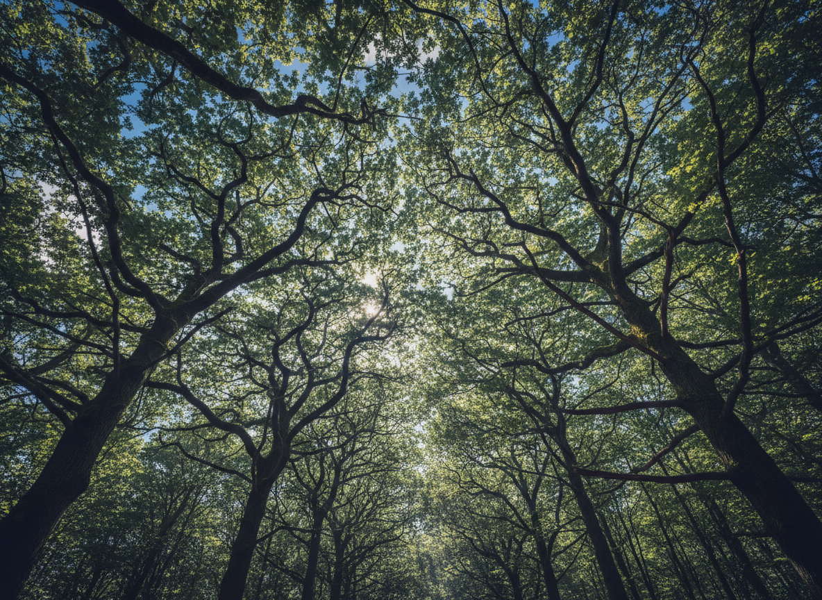 Sunlight filtering through the canopy of mature British oak and beech trees