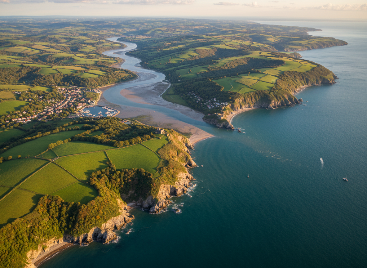 title Aerial view of the South West of England and South Wales coastline, showing the dramatic landscape from above — rolling green countryside, rugged coastlines, estuaries, and woodland. Natural, professional photography style with warm natural light. Wide landscape perspective showing the region's character.